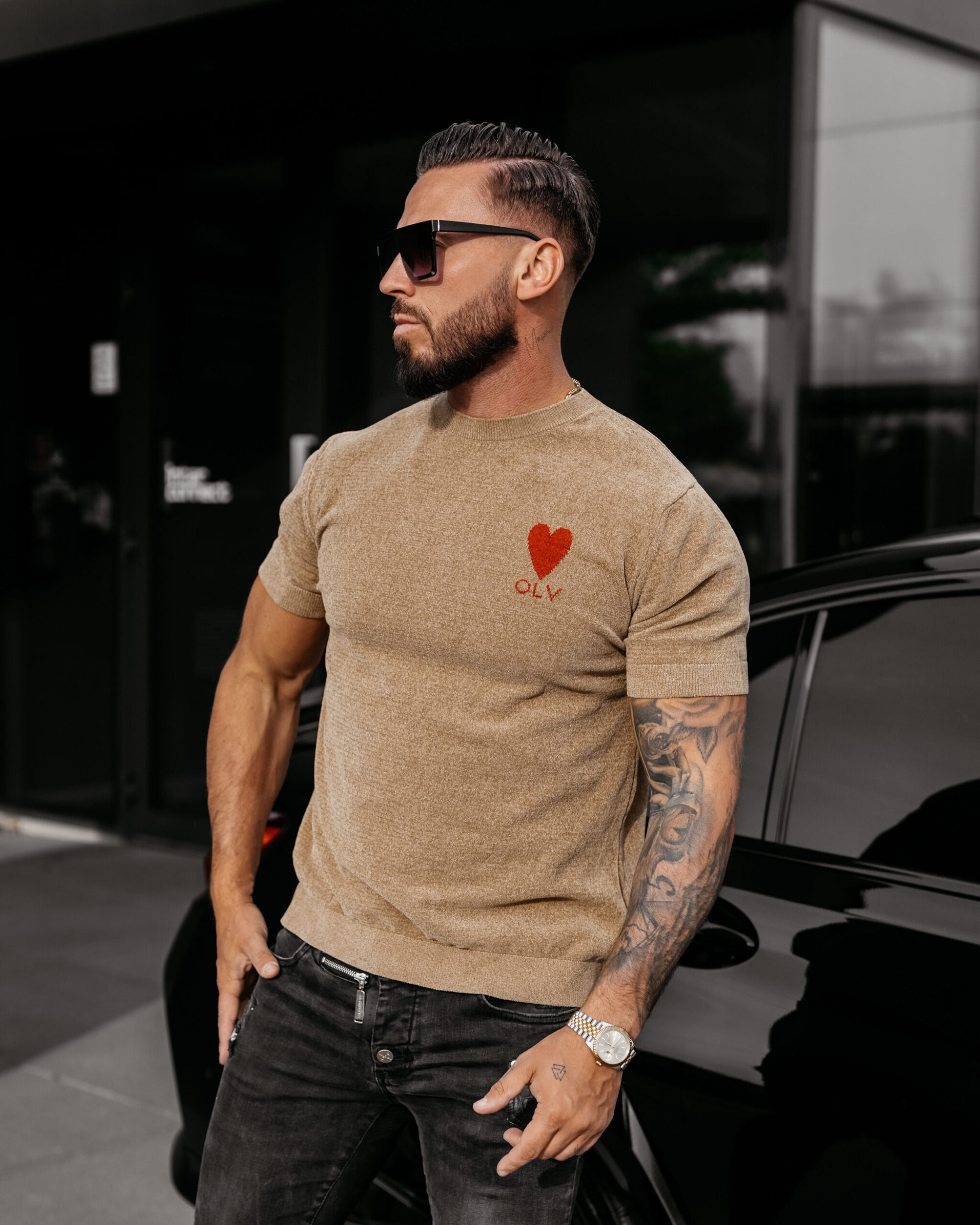 T-shirt męski dzianinowy LUV 2025 Beżowy