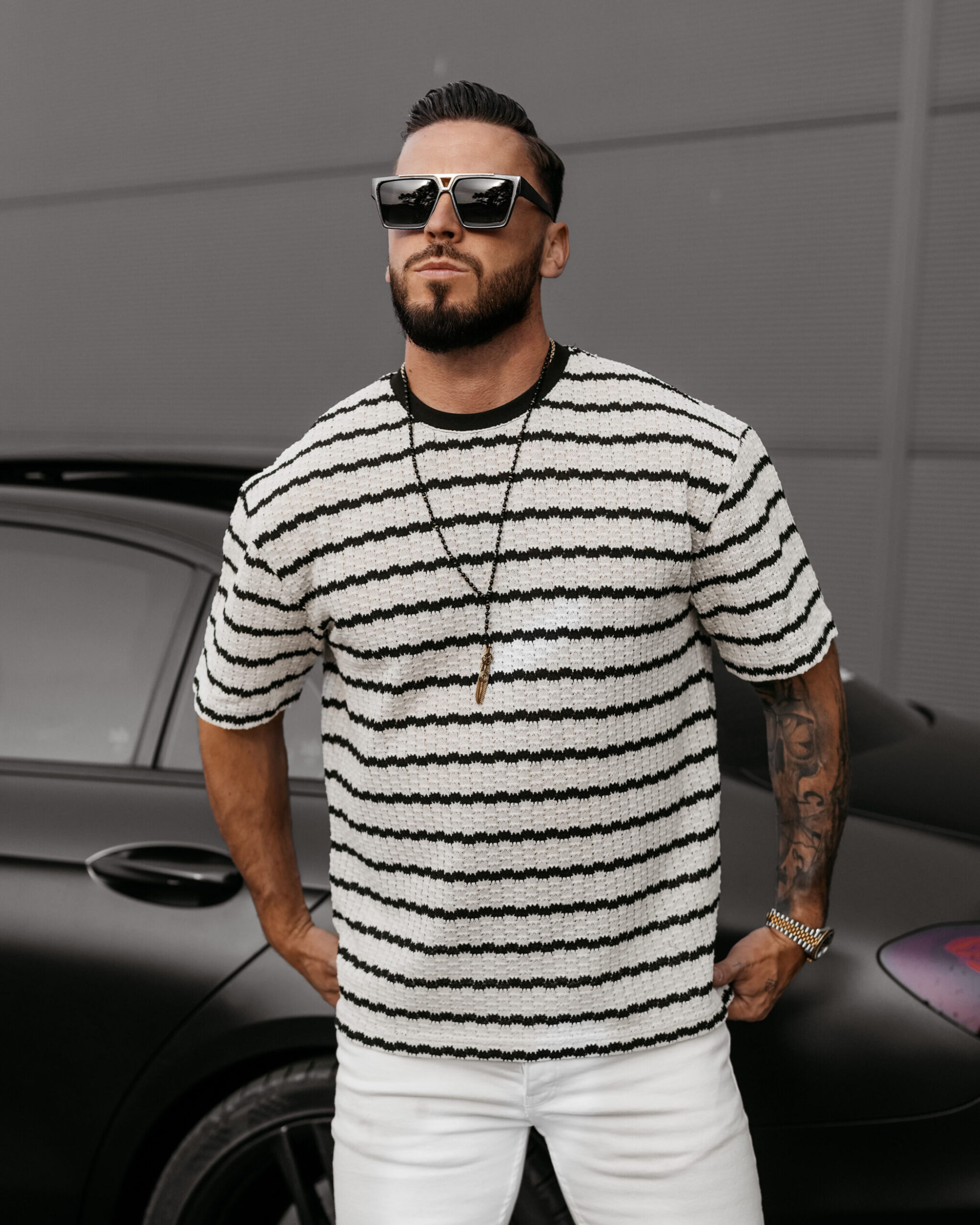 T-shirt męski dzianinowy STRIP 2025 Ecru z Czarnym