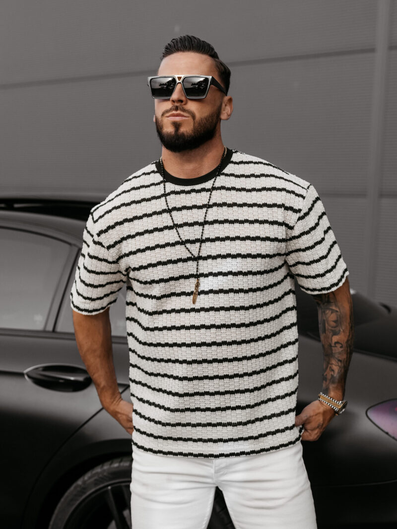 T-shirt męski dzianinowy STRIP 2025 Ecru z Czarnym