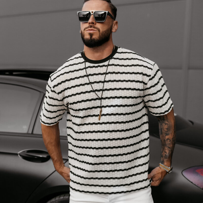 T-shirt męski dzianinowy STRIP 2025 Ecru z Czarnym