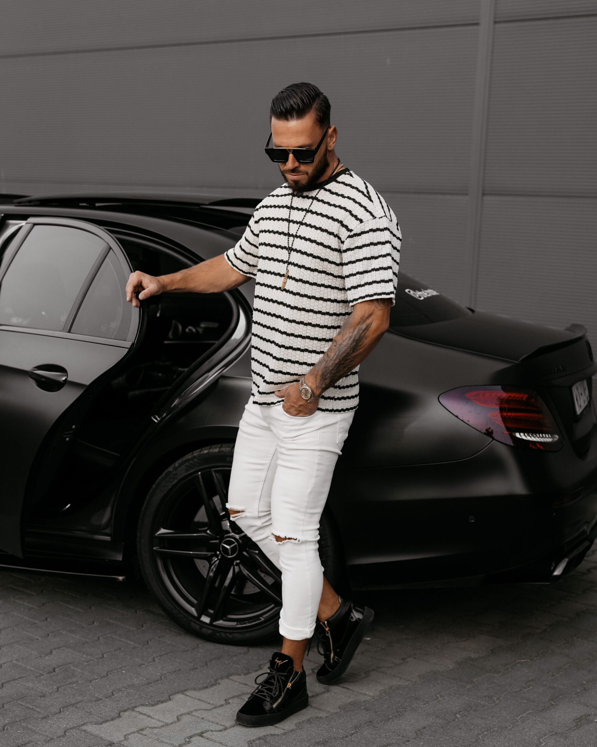 T-shirt męski dzianinowy STRIP 2025 Ecru z Czarnym