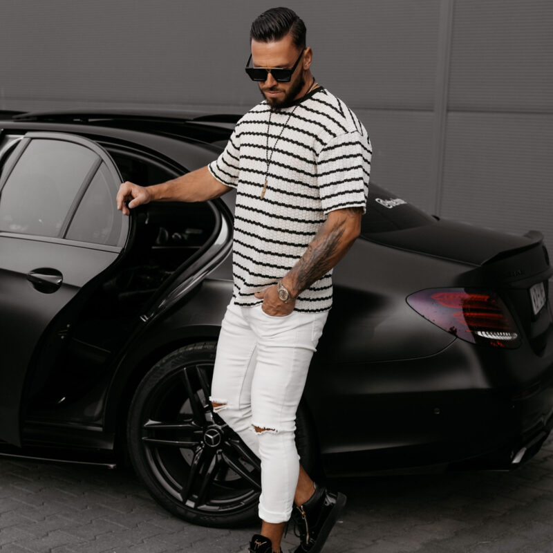 T-shirt męski dzianinowy STRIP 2025 Ecru z Czarnym